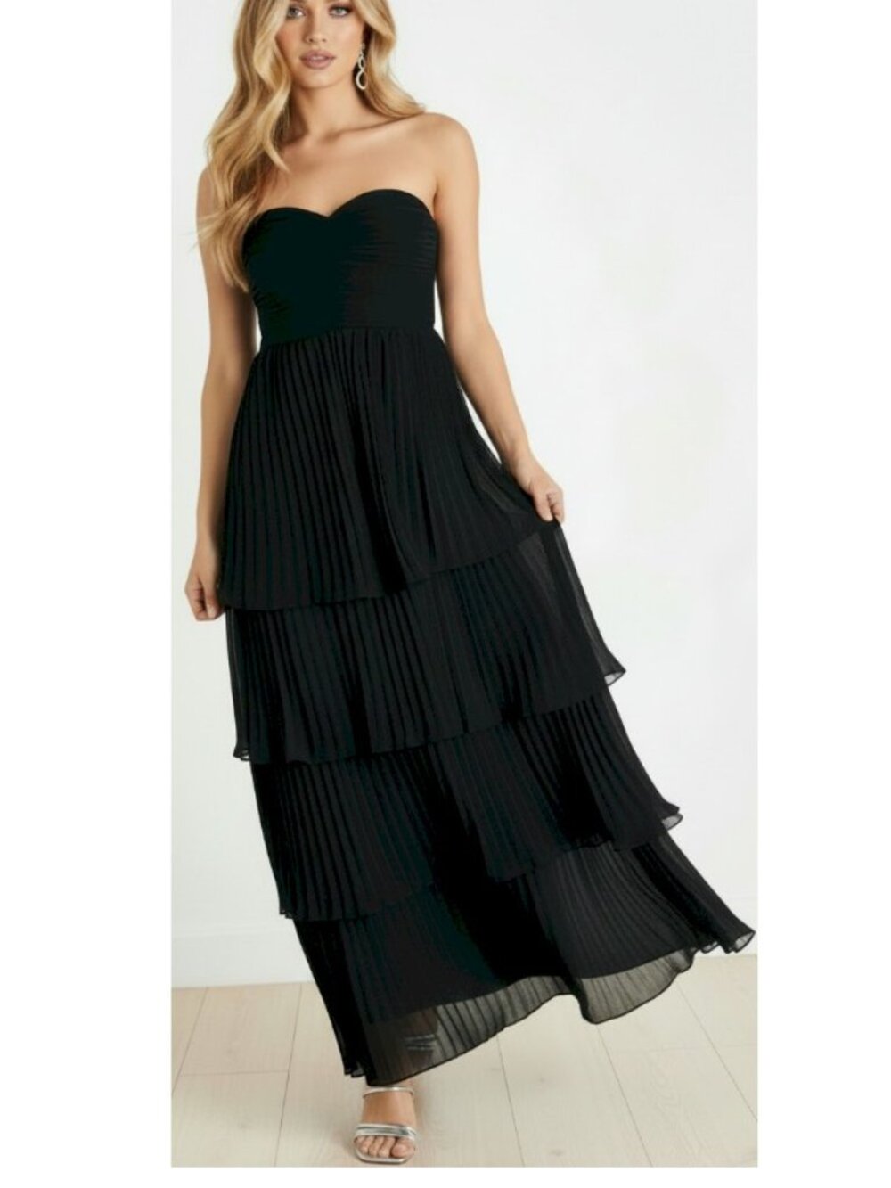 Lulus Seriously Sensational Black Strapless Pleated Tiered Dress XS New NWT